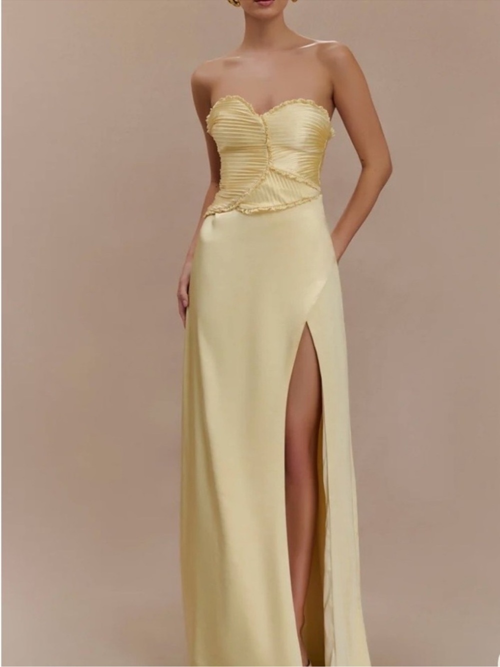 Meshki Strapless Pale Yellow Evening Gown with High Slit
